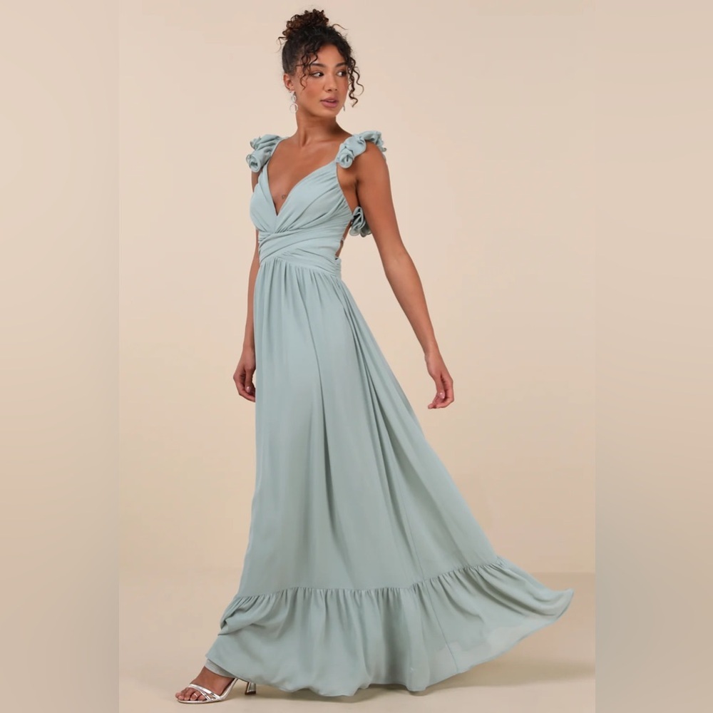 Lulus Soiree Celebration Light Blue Green Floral Ruffled Lace-Up Maxi prom Dress - Picture 4 of 12